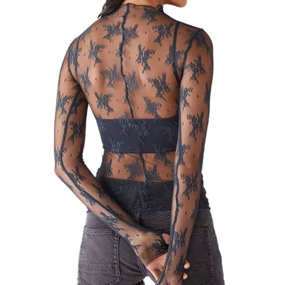 BNWT Free People Lady Lux Floral Mesh Layering Top in Black - Picture 3 of 3